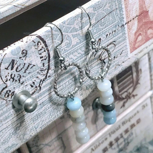 Amazonite Gemstone Rondelle Beads Textured Silver Ring Handcrafted Earrings - Picture 3 of 11